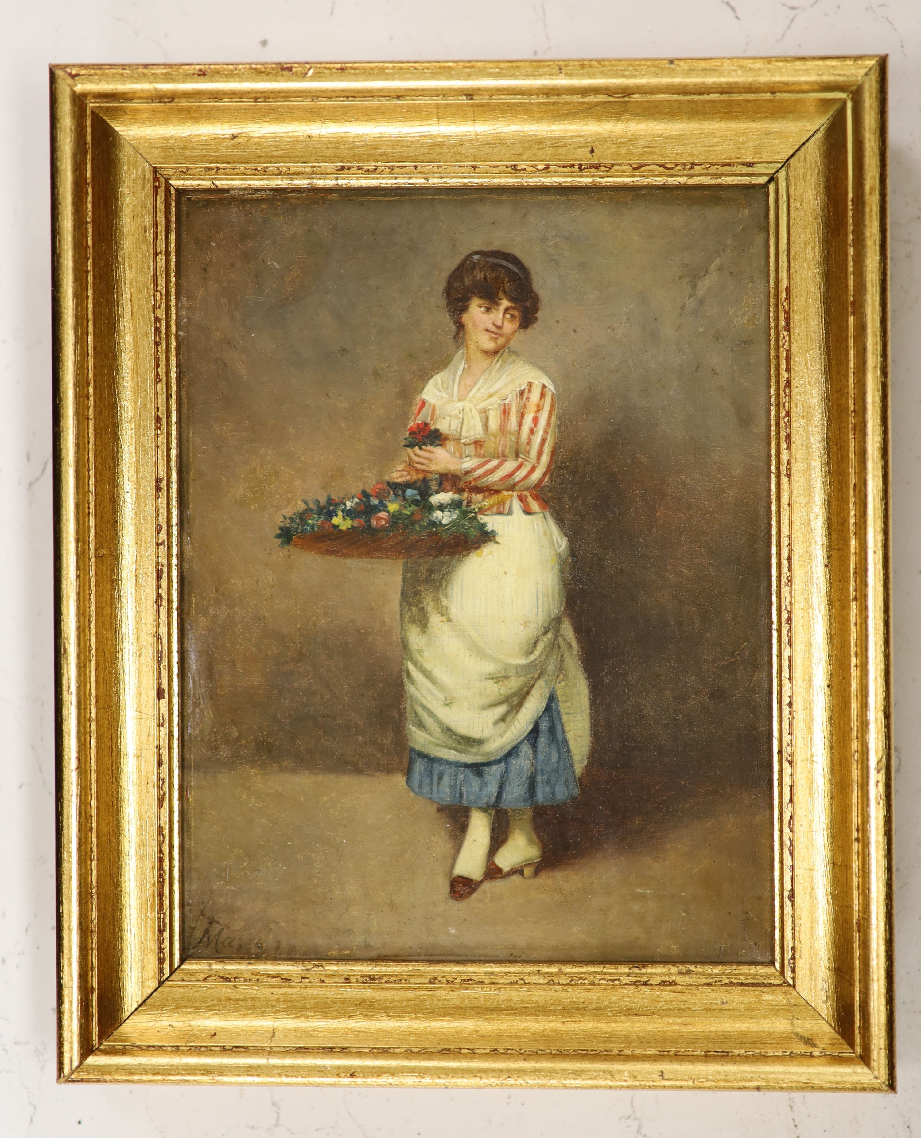 Mazzoli, oil on canvas, Female flower seller, signed, 20 x 15cm.